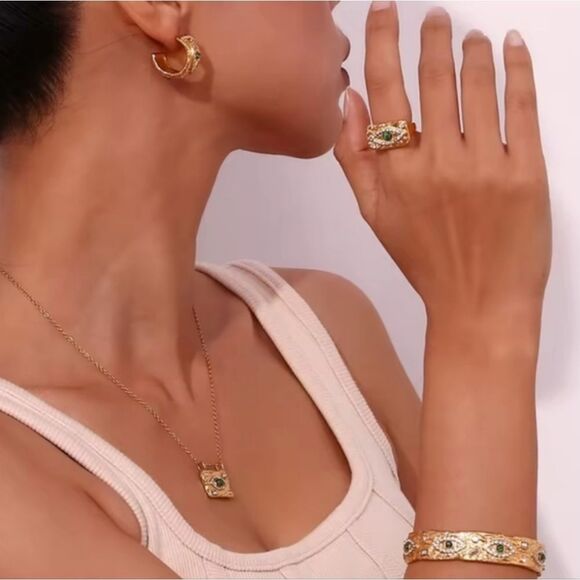 New ANTHRO Malachite 18k Gold Ss Evil Eye Protection Bangle Bracelet - Picture 9 of 12